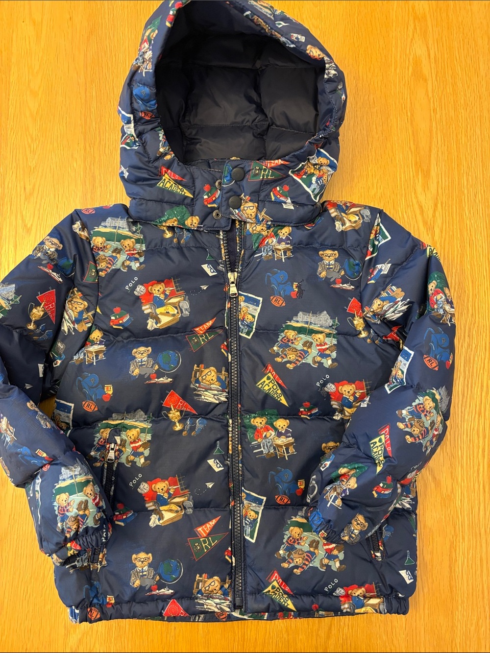 Ralph Lauren Polo Hooded Kids Puffer Down Jacket with Polo Bear Print, Size 6